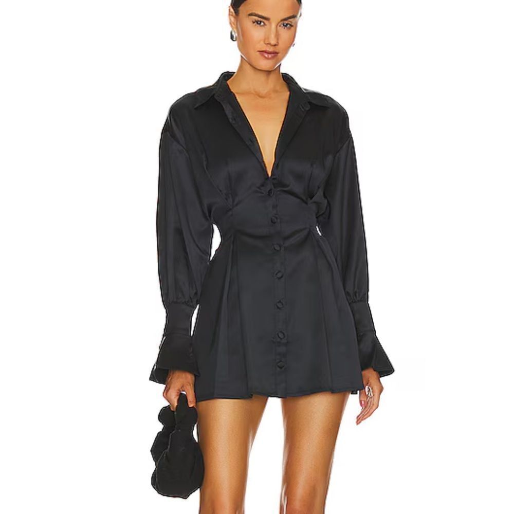 MAJORELLE Black Satin Mini Shirt Dress